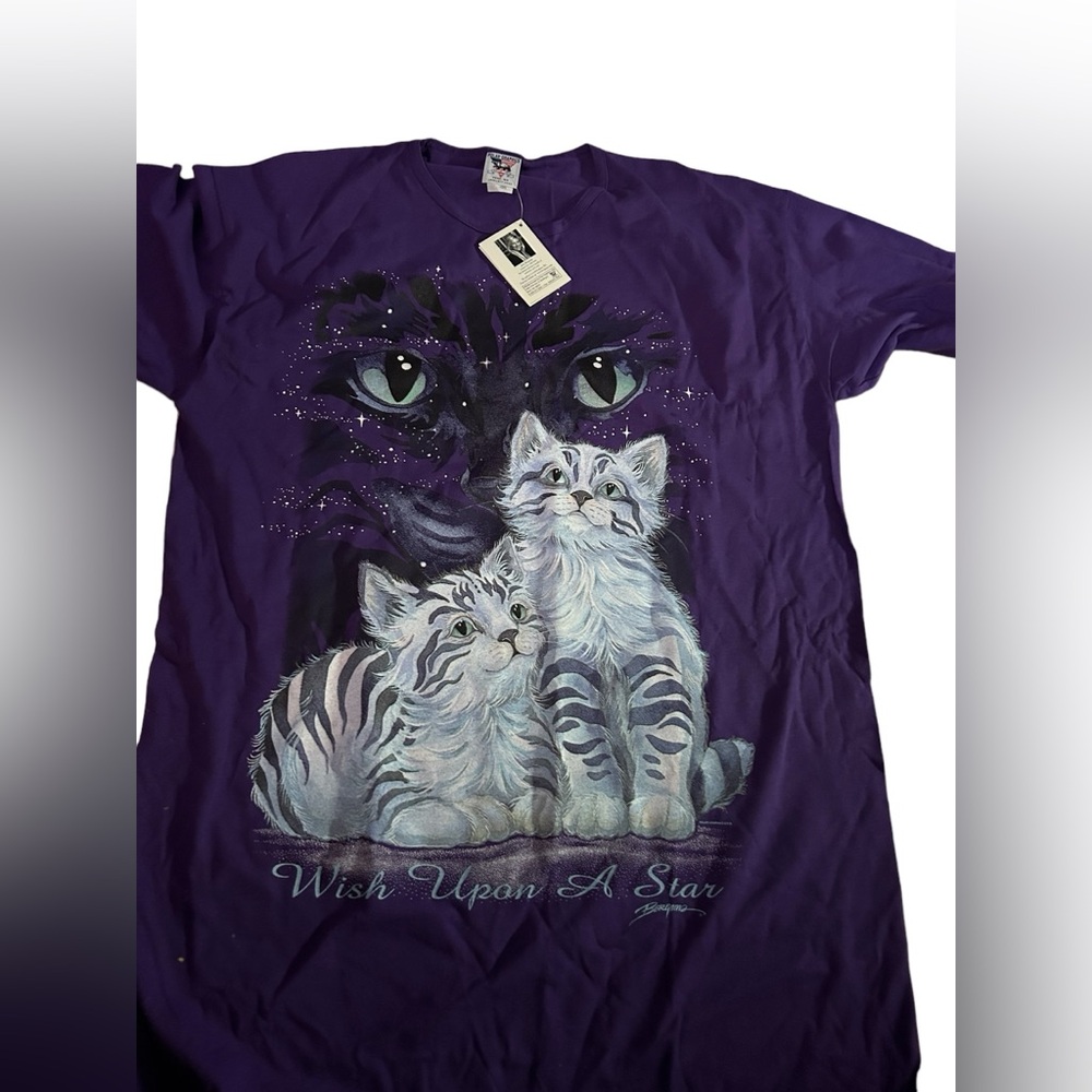80s Vtg Cat Tshirt Dress Long Shirt Wishing Upon A Star Graphic Novelty Print